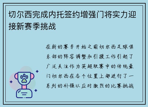 切尔西完成内托签约增强门将实力迎接新赛季挑战